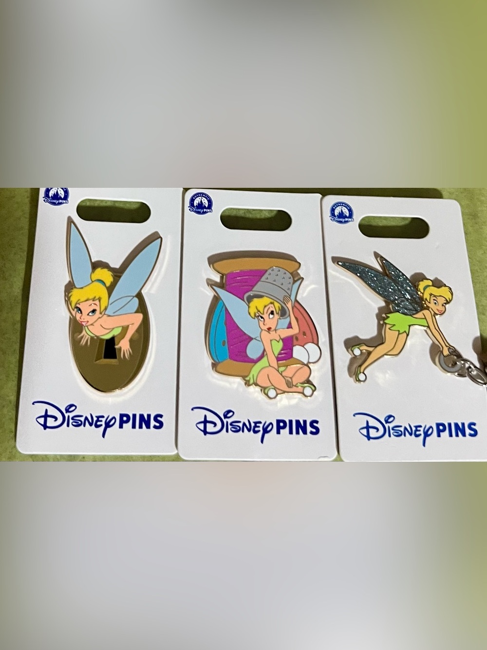 Disney3 Piece Set Tinker Bell Enamel Pin - Green Dress with Pink & Blue Spools